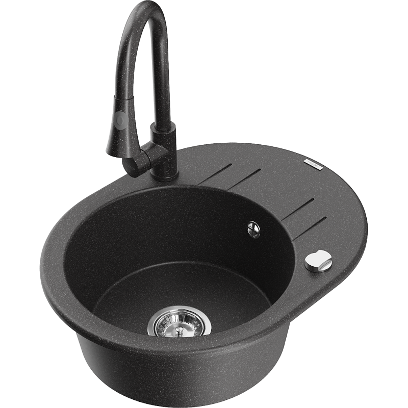 Mexen Kevin chiuvetă de granit cu 1 compartiment, cu scurgător și baterie de bucătărie Elia, negru cu pete