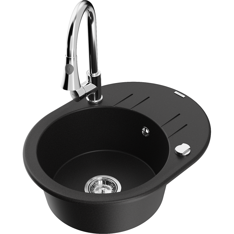 Mexen Kevin chiuvetă de granit cu o cuvă și scurgător cu baterie de bucătărie Elia, negru - 6517-77-670101-00