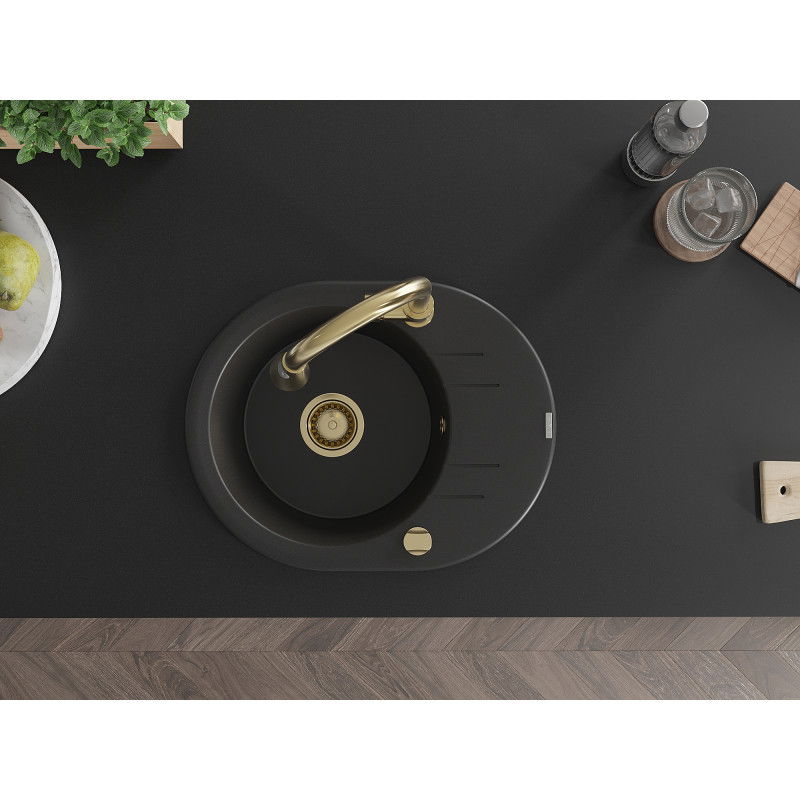 Mexen Kevin chiuvetă de granit cu un singur compartiment cu picurător și baterie de bucătărie Elia, negru - 6517-77-670101-50