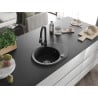Mexen Kevin chiuvetă de granit cu un compartiment, cu picurător și baterie de bucătărie Elia, Neagră - 6517-77-670101-70