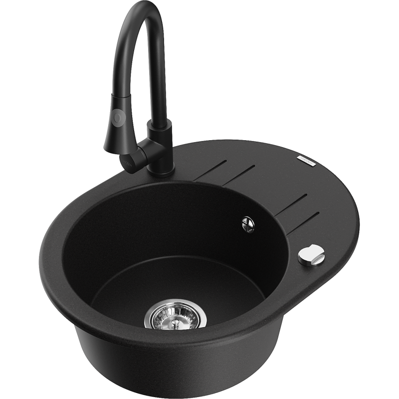 Mexen Kevin 1-medencés gránit mosogató csepegtetővel és Elia konyhai csappal, fekete - 6517-77-670101-70