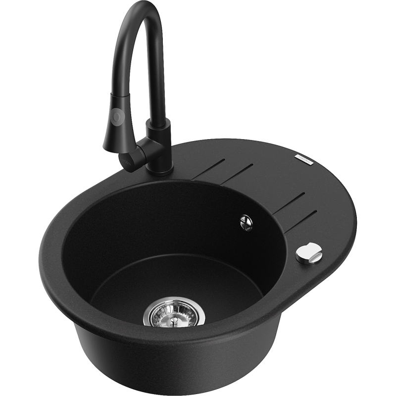 Mexen Kevin chiuvetă din granit cu 1 compartiment, cu scurgător și baterie de bucătărie Elia, neagră - 6517-77-670101-70
