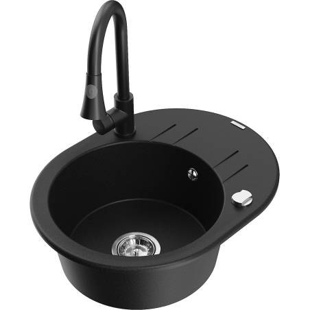 Mexen Kevin chiuvetă din granit cu 1 compartiment, cu scurgător și baterie de bucătărie Elia, neagră - 6517-77-670101-70