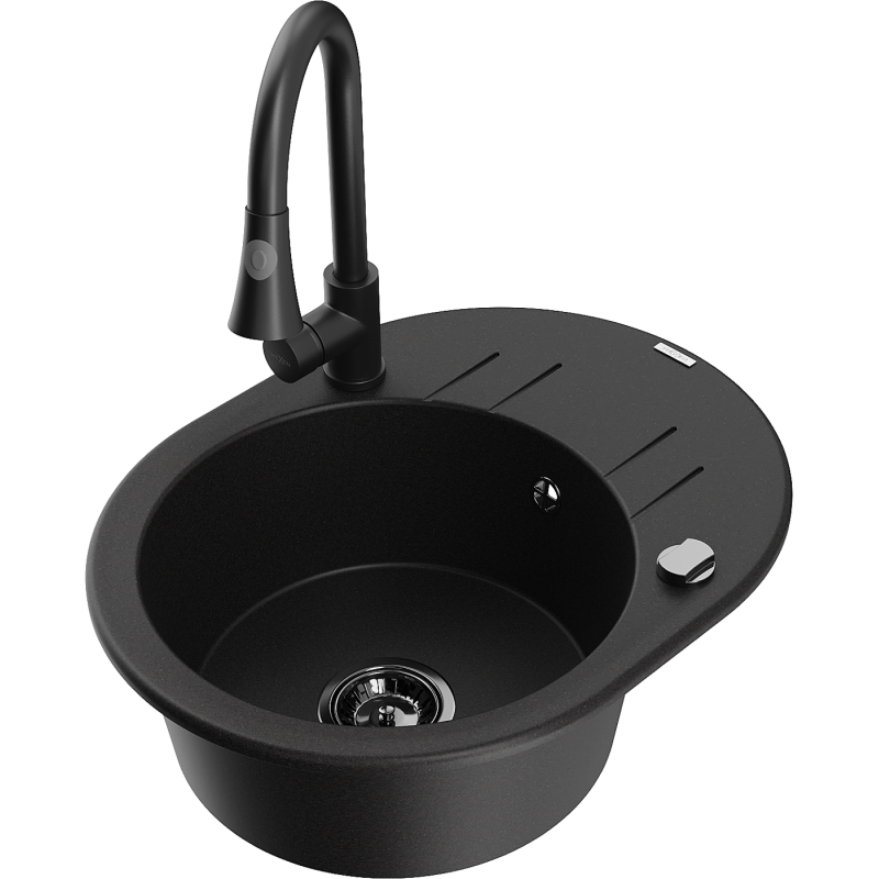 Mexen Kevin chiuvetă de bucătărie din granit cu 1 bazin, cu scurgător și baterie Elia, neagră - 6517-77-670101-70-B