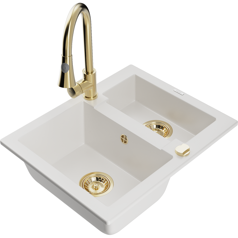 Mexen Carlos chiuvetă din granit, cu 1,5 cuve, cu baterie de bucătărie Elia, alb - 6518-20-670101-50
