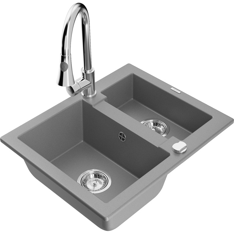 Mexen Carlos chiuvetă din granit cu 1,5 compartimente cu baterie de bucătărie Elia, gri - 6518-71-670101-00