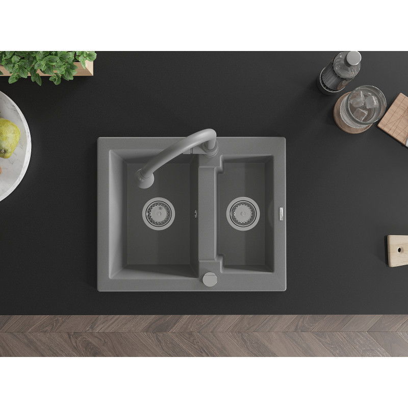 Mexen Carlos 1,5 rekeszes gránit mosogató Elia konyhai csapteleppel, szürke - 6518-71-670101-71