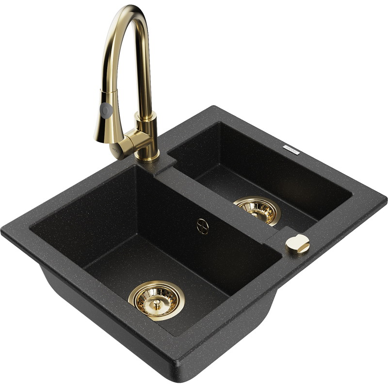 Mexen Carlos chiuvetă granit 1,5-camere cu baterie de bucătărie Elia, negru/argintiu metalic - 6518-73-670101-50