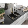 Mexen Carlos chiuvetă de bucătărie din granit cu 1,5 compartimente cu baterie Elia, negru/auriu metalic - 6518-75-670101-50