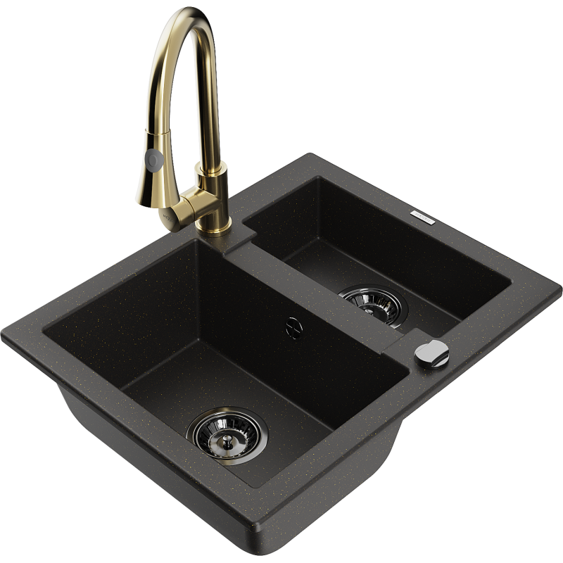 Mexen Carlos chiuvetă de granit 1,5-bazin cu baterie de bucătărie Elia, negru/auriu metalizat - 6518-75-670101-50-B