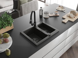 Mexen Carlos chiuvetă din granit cu 1,5 camere cu baterie de bucătărie Elia, negru/auriu metalizat - 6518-75-670101-70-B