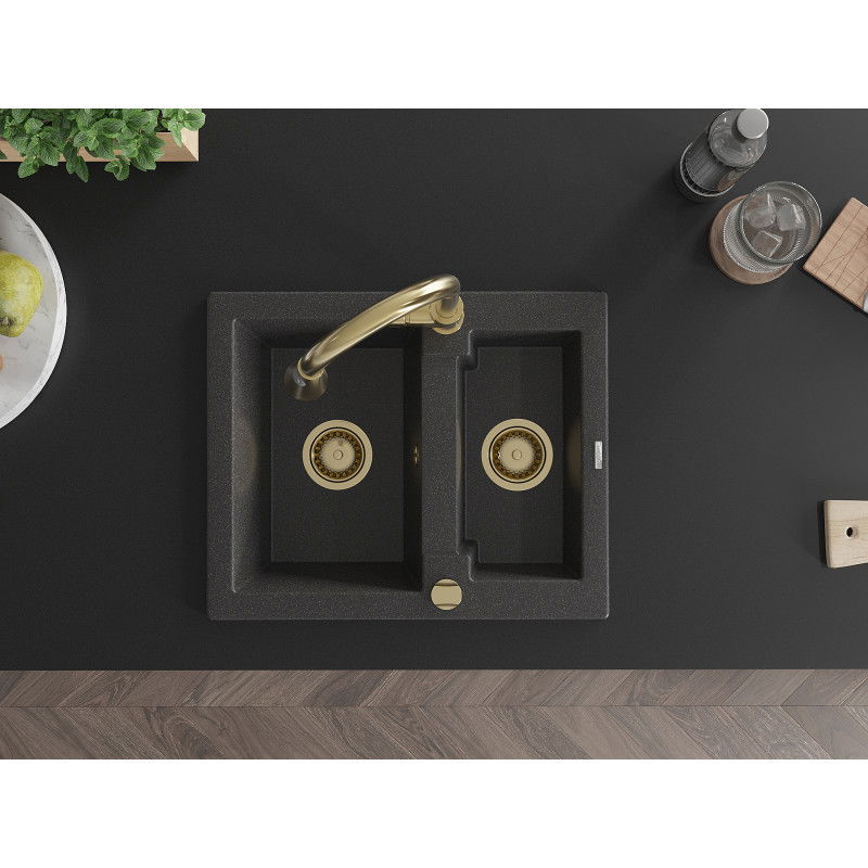 Mexen Carlos chiuvetă din granit cu 1,5 compartimente cu baterie de bucătărie Elia, negru cu pete - 6518-76-670101-50