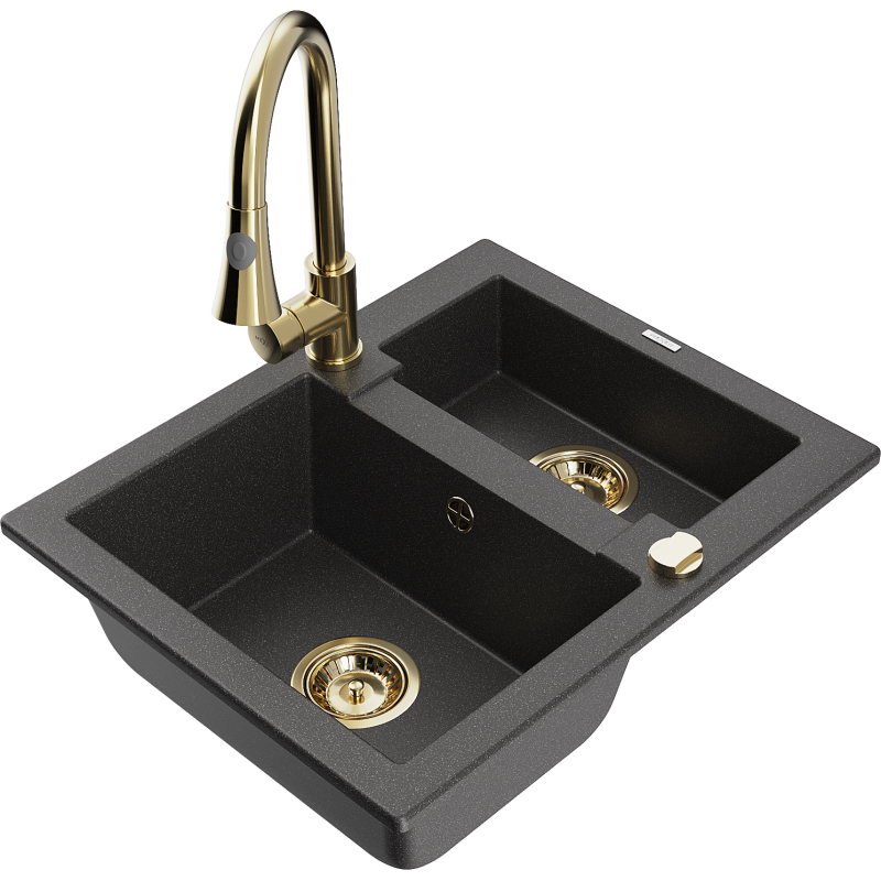 Mexen Carlos chiuvetă din granit cu 1,5 compartimente cu baterie de bucătărie Elia, negru cu pete - 6518-76-670101-50