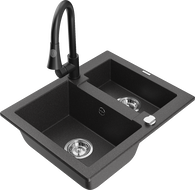 Mexen Carlos chiuvetă din granit cu 1,5 compartimente și baterie de bucătărie Elia, negru cu pete - 6518-76-670101-70