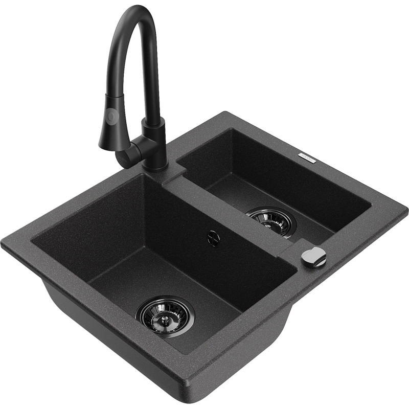 Mexen Carlos chiuvetă de granit cu 1,5 cuve și baterie bucătărie Elia, negru cu pete - 6518-76-670101-70-B