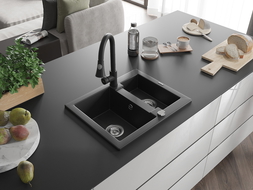 Mexen Carlos chiuvetă de granit cu 1,5 compartimente cu baterie de bucătărie Elia, negru - 6518-77-670101-70