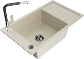 Mexen Elias gránit mosogató 1 medencés csepegtetővel és Flora konyhai csapteleppel, bézs - 6511-69-670401-07-B