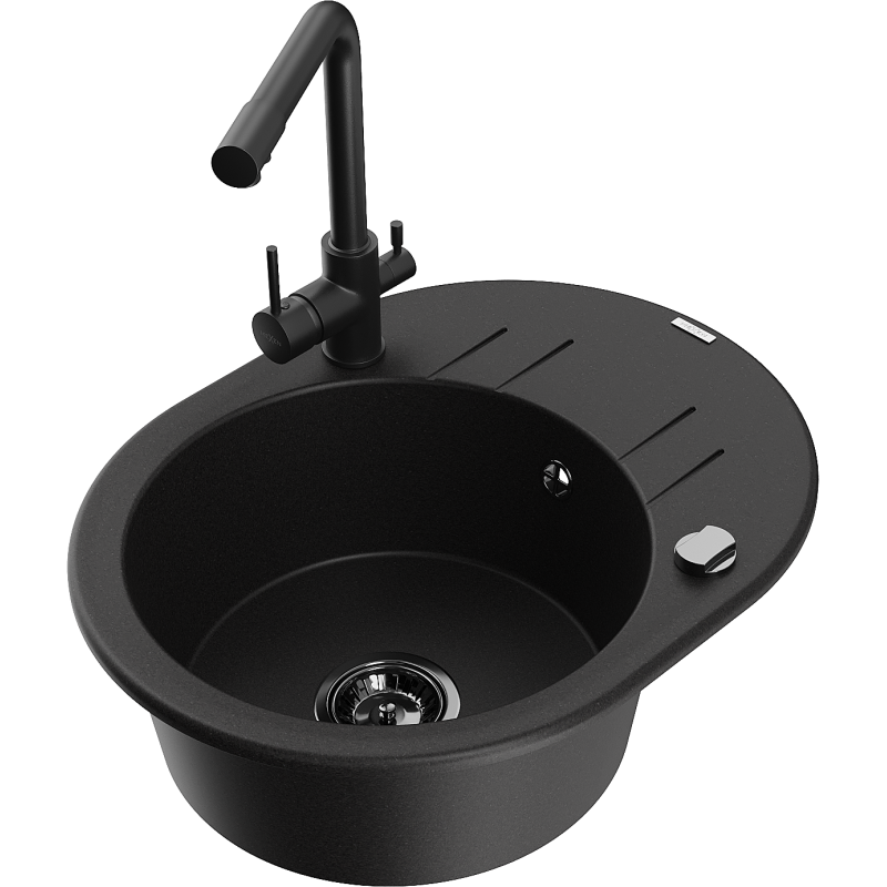 Mexen Kevin chiuvetă de granit cu 1 compartiment cu scurgător și baterie de bucătărie Duero, negru - 6517-77-671600-70-B