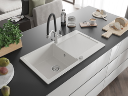 Mexen Leo egymedencés gránit mosogató csepegtetővel és Duo konyhai csapteleppel, fehér - 6501-20-671701-07