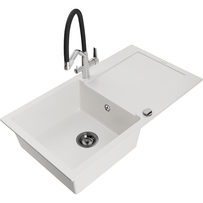 Mexen Leo chiuvetă de granit cu o singură cuvă, cu picurător și baterie de bucătărie Duo, albă - 6501-20-671701-07-B
