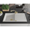 Mexen Leo chiuvetă de bucătărie din granit cu o singură cuvă cu scurgător și baterie Duo, albă - 6501-20-671701-57-G