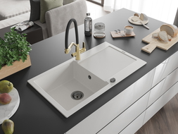 Mexen Leo 1 rekeszes gránit mosogató csepegtetővel és Duo konyhai csappal, fehér - 6501-20-671701-57-B