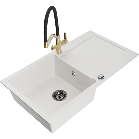 Mexen Leo chiuvetă de granit cu o singură cuvă, cu scurgător și baterie de bucătărie Duo, alb - 6501-20-671701-57-B
