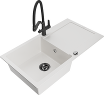 Mexen Leo egymedencés gránit mosogató lefolyóval és Duo konyhai csapteleppel, fehér - 6501-20-671701-70-B