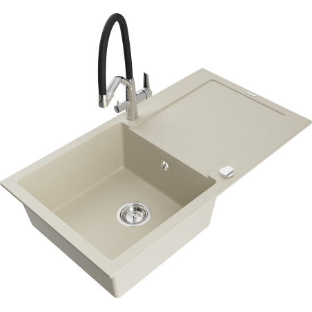 Mexen Leo chiuvetă de bucătărie din granit cu o cuvă, cu scurgător și baterie Duo, bej - 6501-69-671701-07