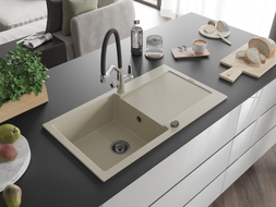 Mexen Leo chiuvetă de granit cu 1 compartiment, cu scurgător și baterie de bucătărie Duo, bej - 6501-69-671701-07-B