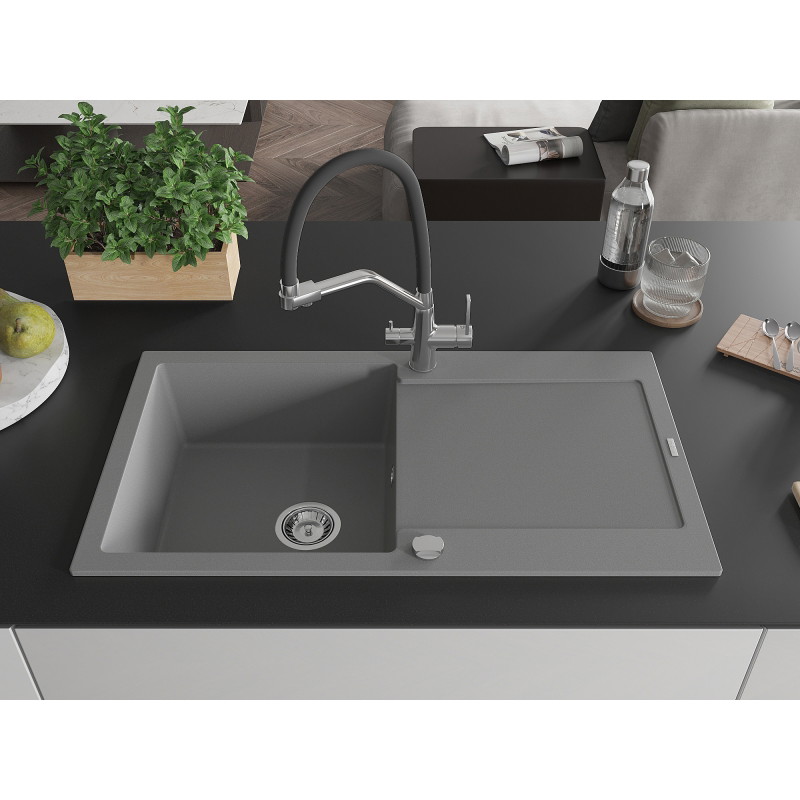 Mexen Leo chiuvetă granit cu o singură cuvă cu picurător și baterie de bucătărie Duo, gri - 6501-71-671701-07
