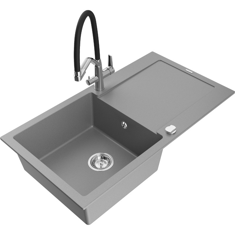 Mexen Leo chiuvetă granit cu o singură cuvă cu picurător și baterie de bucătărie Duo, gri - 6501-71-671701-07