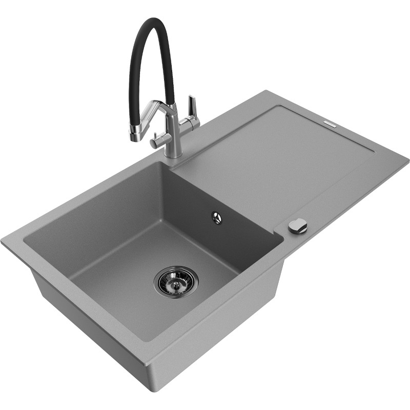Mexen Leo chiuvetă de granit cu 1 compartiment cu scurgător și baterie de bucătărie Duo, gri - 6501-71-671701-07-B