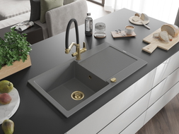 Mexen Leo chiuvetă de granit cu 1 compartiment, cu scurgător și baterie bucătărie Duo, gri - 6501-71-671701-57-G