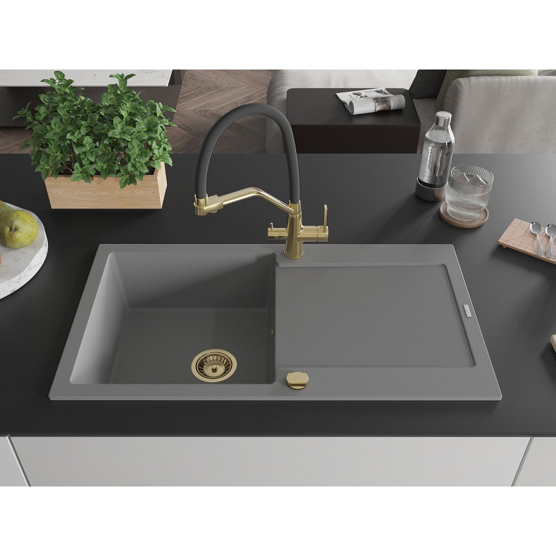 Mexen Leo chiuvetă de granit cu 1 compartiment, cu scurgător și baterie bucătărie Duo, gri - 6501-71-671701-57-G