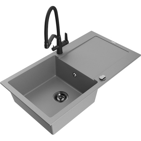 Mexen Leo chiuvetă de granit cu 1 compartiment cu picurător și baterie de bucătărie Duo, gri - 6501-71-671701-70-B