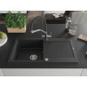 Mexen Leo chiuvetă de granit cu 1 compartiment cu picurător și baterie de bucătărie Duo, metalic negru/argintiu