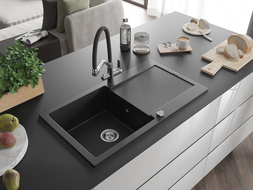 Chiuvetă granit Mexen Leo 1-cameră cu scurgător și baterie Duo, negru/argintiu metalizat - 6501-73-671701-07