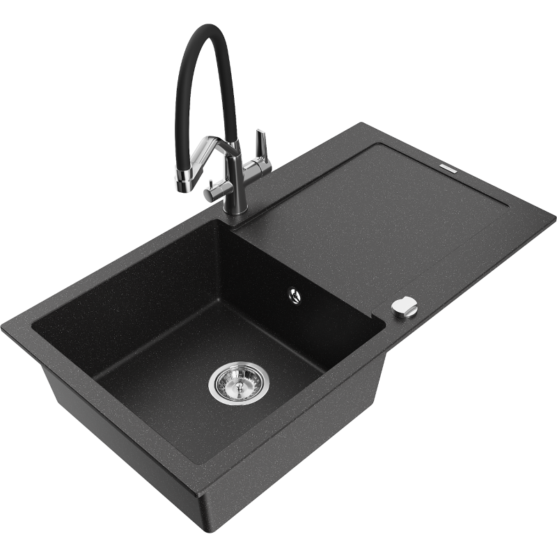 Chiuvetă granit Mexen Leo 1-cameră cu scurgător și baterie Duo, negru/argintiu metalizat - 6501-73-671701-07