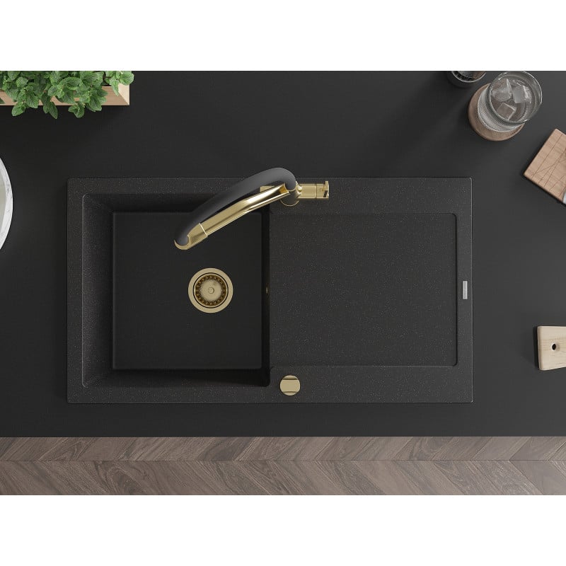Mexen Leo chiuvetă de granit cu o singură cuvă, cu scurgător și baterie de bucătărie Duo, negru/argintiu metalic