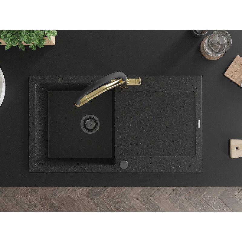 Mexen Leo 1-medencés gránit mosogató csepegtetővel és Duo konyhai csapteleppel, fekete/ezüst metál - 6501-73-671701-57-B