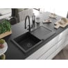Chiuvetă granit Mexen Leo cu 1 compartiment și picurător și baterie de bucătărie Duo, negru/argintiu metalic - 6501-73-671701-7?