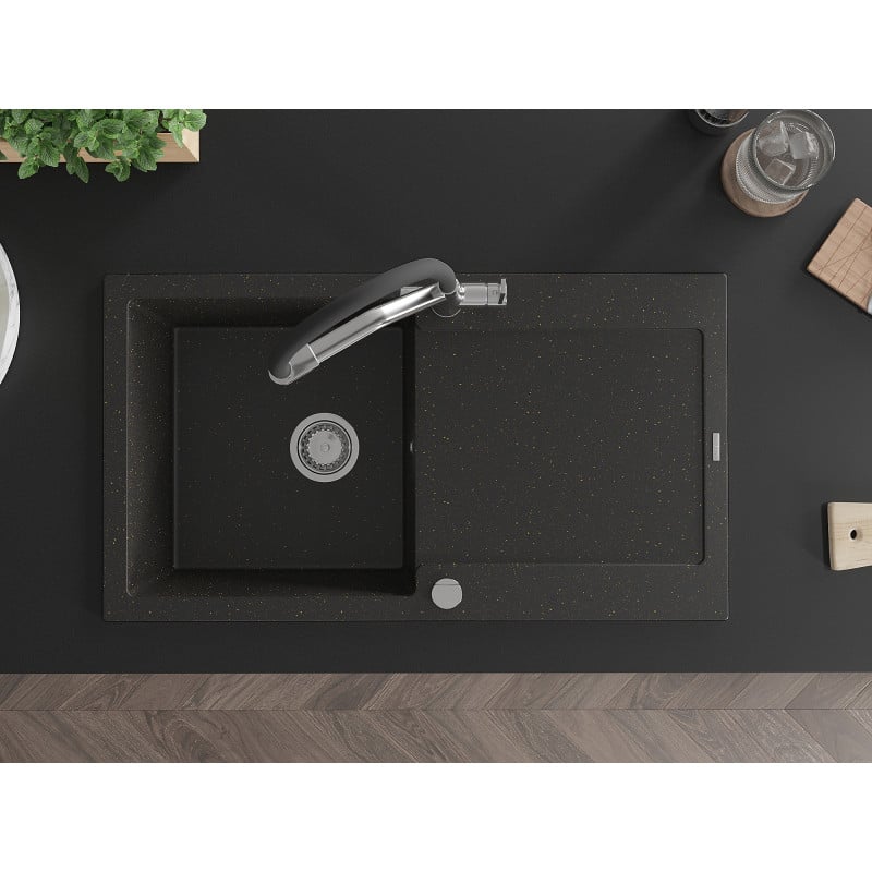 Mexen Leo chiuvetă din granit cu 1 compartiment cu scurgător și robinet de bucătărie Duo, negru/auriu metalic