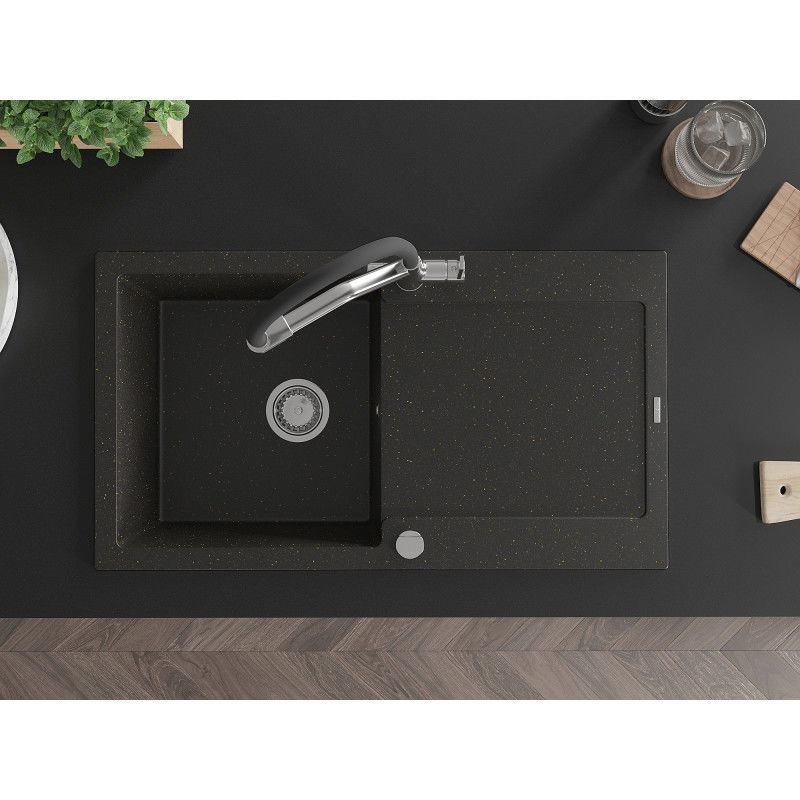 Mexen Leo gránit mosogató 1-medencés csepptálcával és konyhai csapteleppel Duo, fekete/arany metál - 6501-75-671701-07