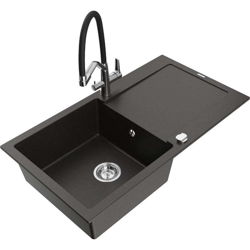 Mexen Leo chiuvetă din granit cu 1 compartiment cu scurgător și robinet de bucătărie Duo, negru/auriu metalic