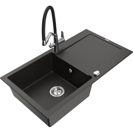 Mexen Leo chiuvetă din granit cu 1 compartiment cu scurgător și robinet de bucătărie Duo, negru/auriu metalic