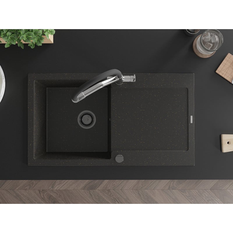 Mexen Leo chiuvetă de bucătărie din granit cu 1 compartiment, cu scurgător și baterie de bucătărie Duo, negru/auriu