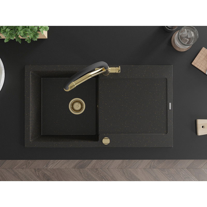 Mexen Leo egymedencés gránit mosogató lefolyóval és Duo konyhai csapteleppel, fekete/arany metál - 6501-75-671701-57-G