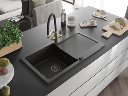 Chiuvetă granit Mexen Leo cu 1 compartiment, picurător și baterie Duo, negru/auriu metalic - 6501-75-671701-57-B
