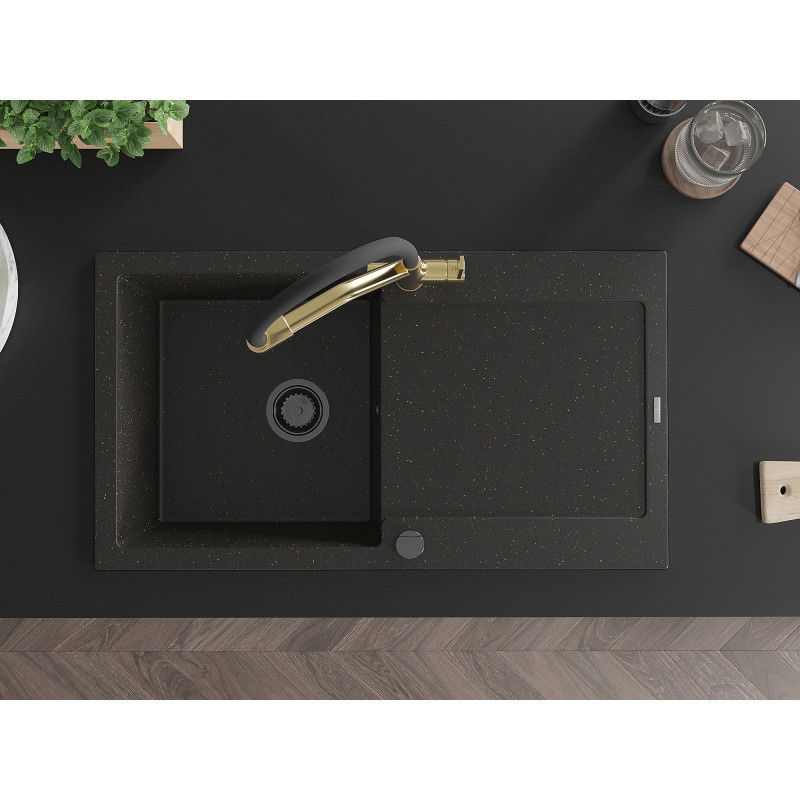 Mexen Leo chiuvetă de bucătărie din granit cu o cuvă cu scurgător și baterie Duo, negru/auriu metalizat - 6501-75-671701-57-B